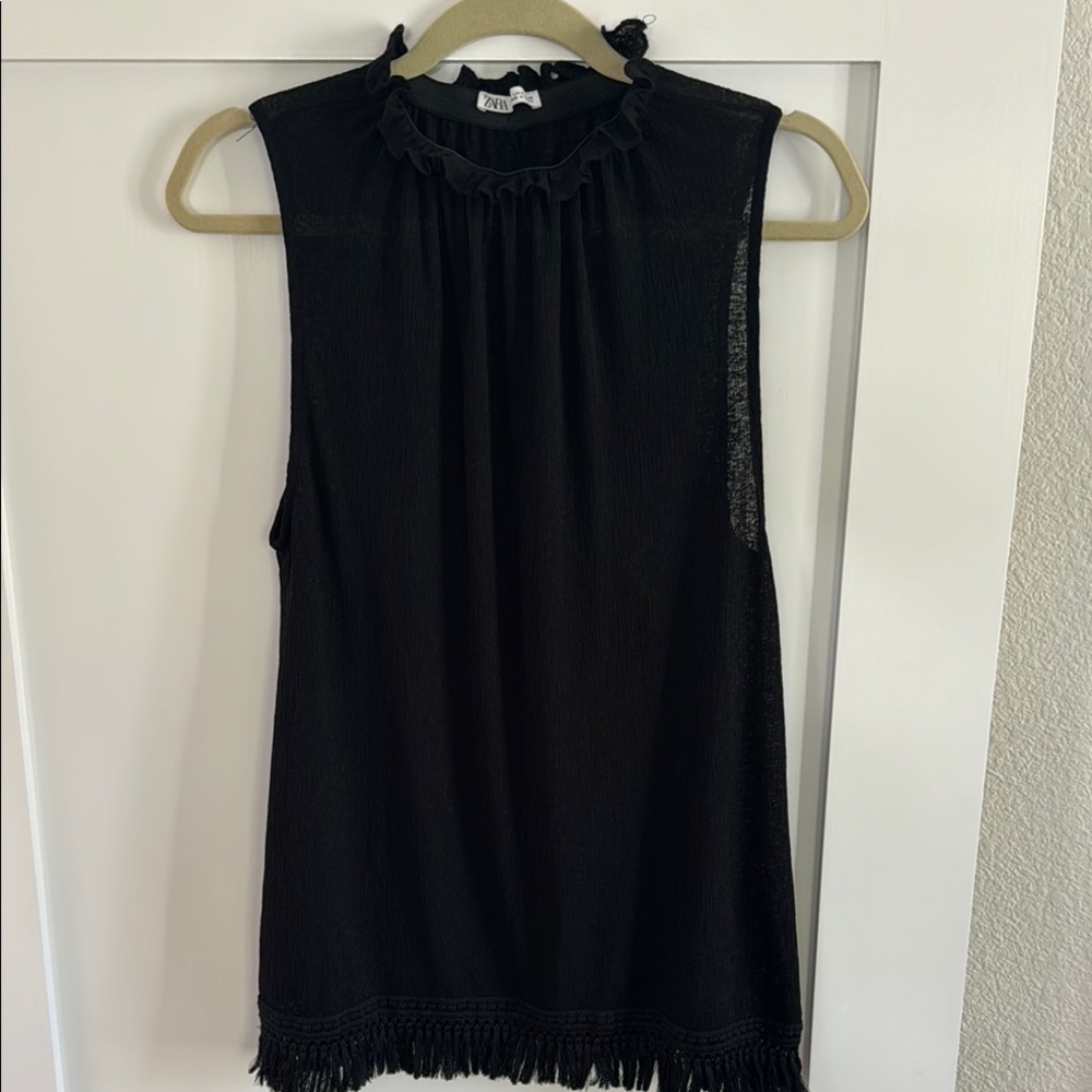 Zara Black Ruffled and Fringe Sleeveless Blouse.